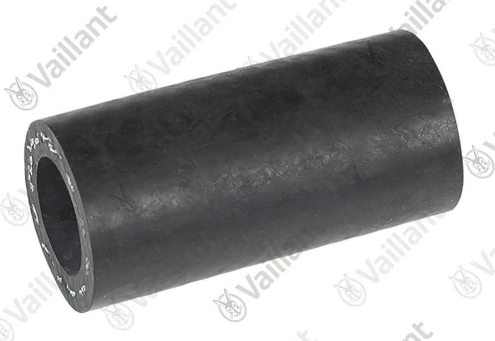 Schwarze, zylindrische Gummikonstruktion mit durchgehendem Innenraum. Produkt von Vaillant, vermutlich für Heizungs- oder Rohrleitungssysteme geeignet.